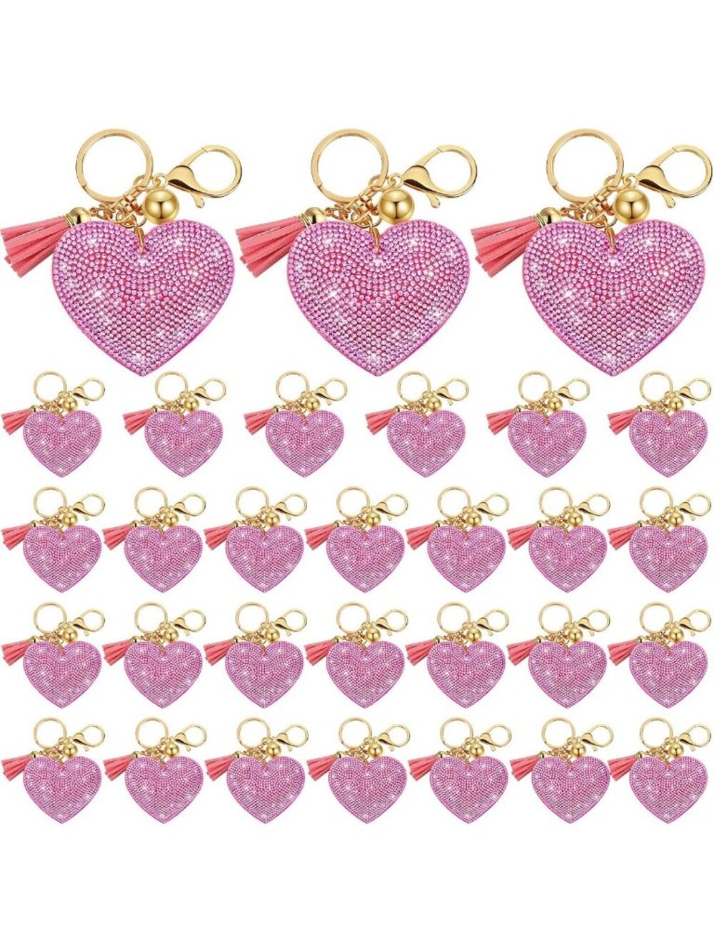 30 Pcs Valentine Heart Keychains Set - Glitter Rhinestone Bling Key Rings for